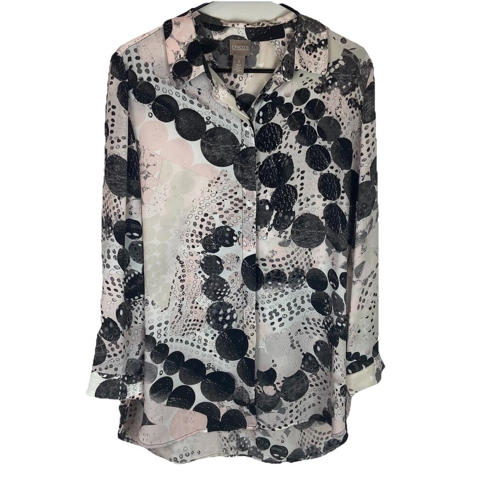 Chicos Womens Blouse Pink Black White Button Down Collared Size 1 (medium)